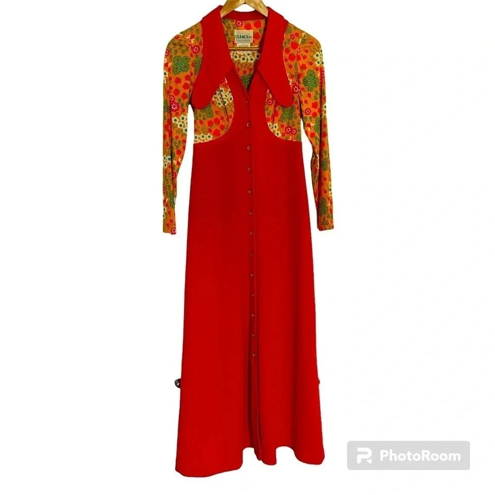 Vintage 1960s Clancy Jrs Orange Floral Long Sleeve Maxi Dress Button Down Sz 7